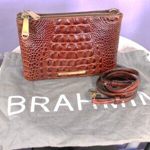 Brahmin Croc Embossed Leather Crossbody Clutch Cognac Double Zip Organizer Gold